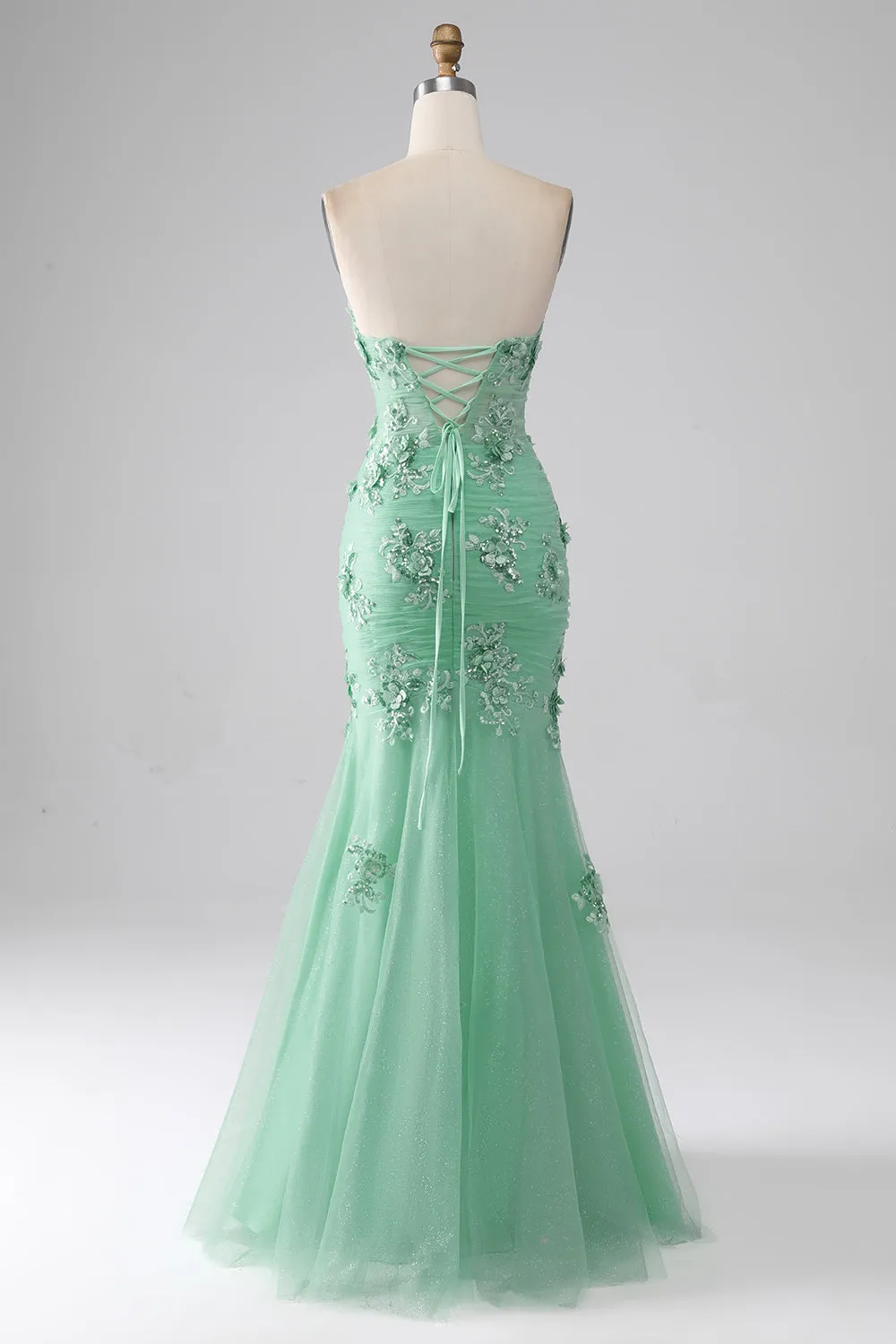 Green Mermaid Strapless Tulle Long Prom Dress with Appliques sold by Zapaka product image thumbnail 2