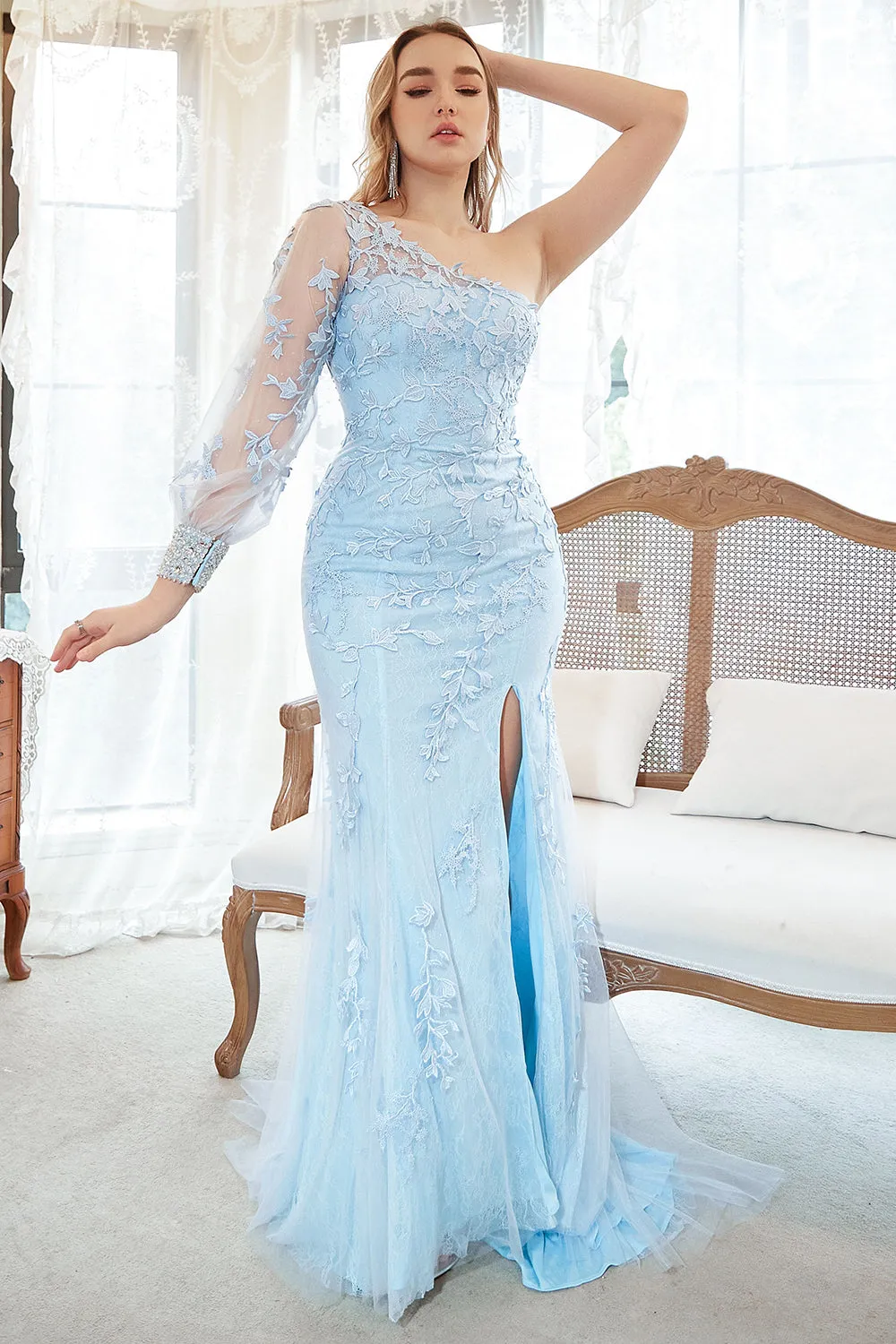 Mermaid One Shoulder Sky Blue Plus Size Prom Dress with Appliques sold by Zapaka product image thumbnail 3