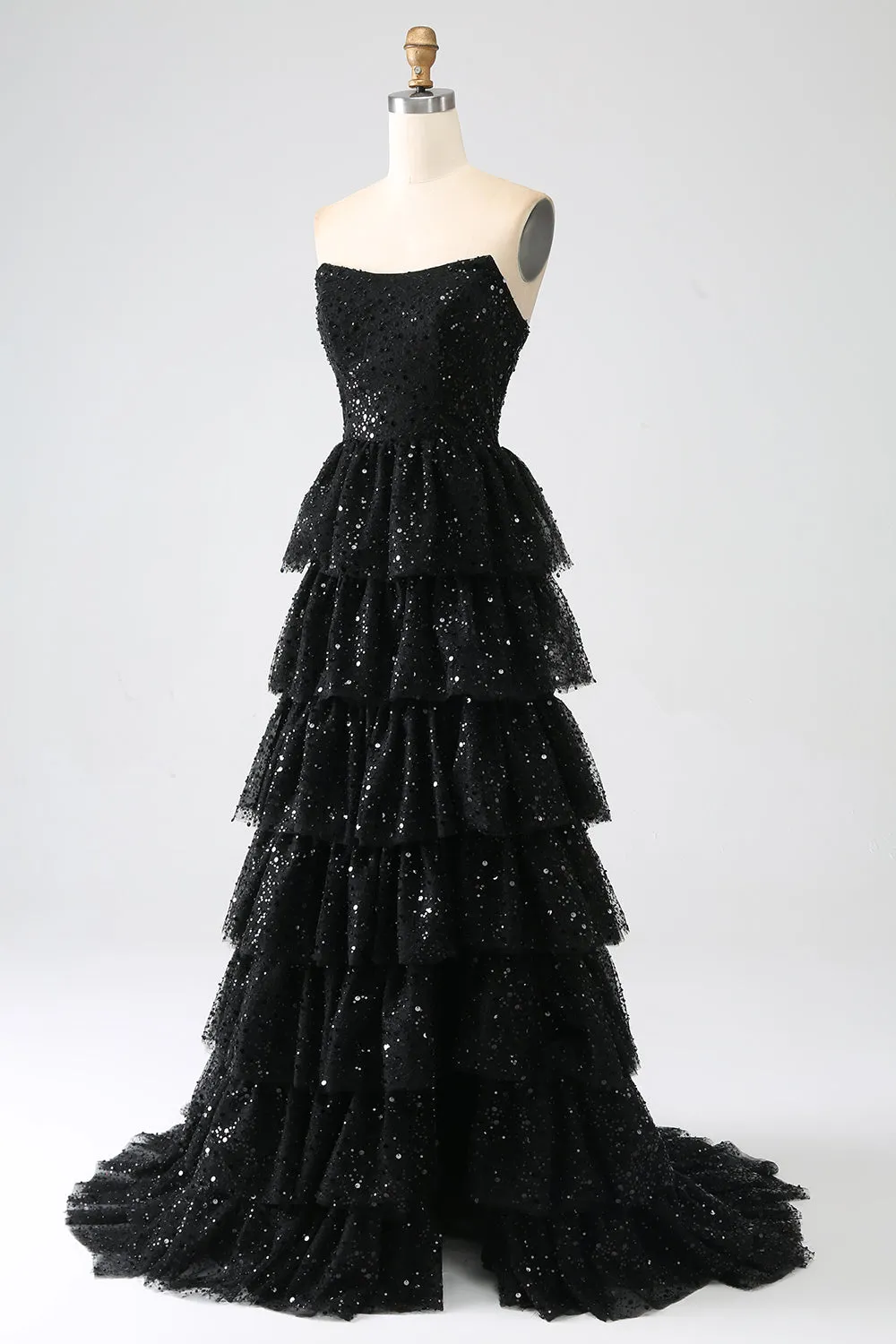 A-Line Sequins Black Tiered Prom Dress with Slit sold by Zapaka product image thumbnail 3