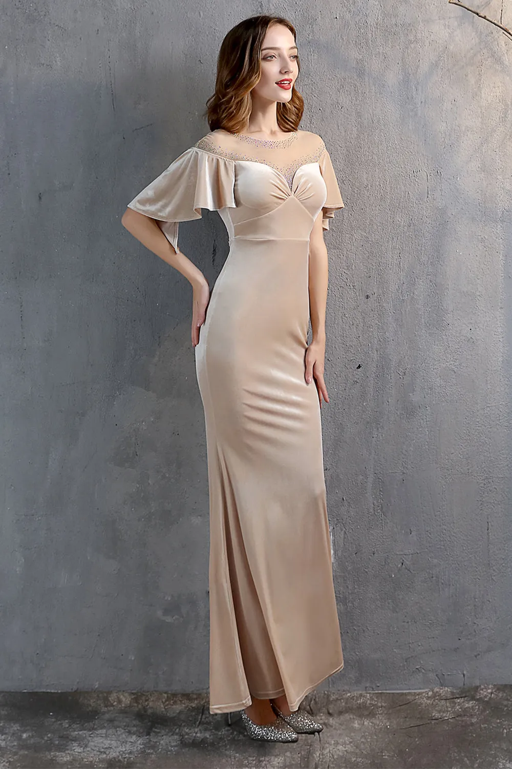 Champagne Velvet Mermaid Long Prom Dress sold by Zapaka product image thumbnail 4
