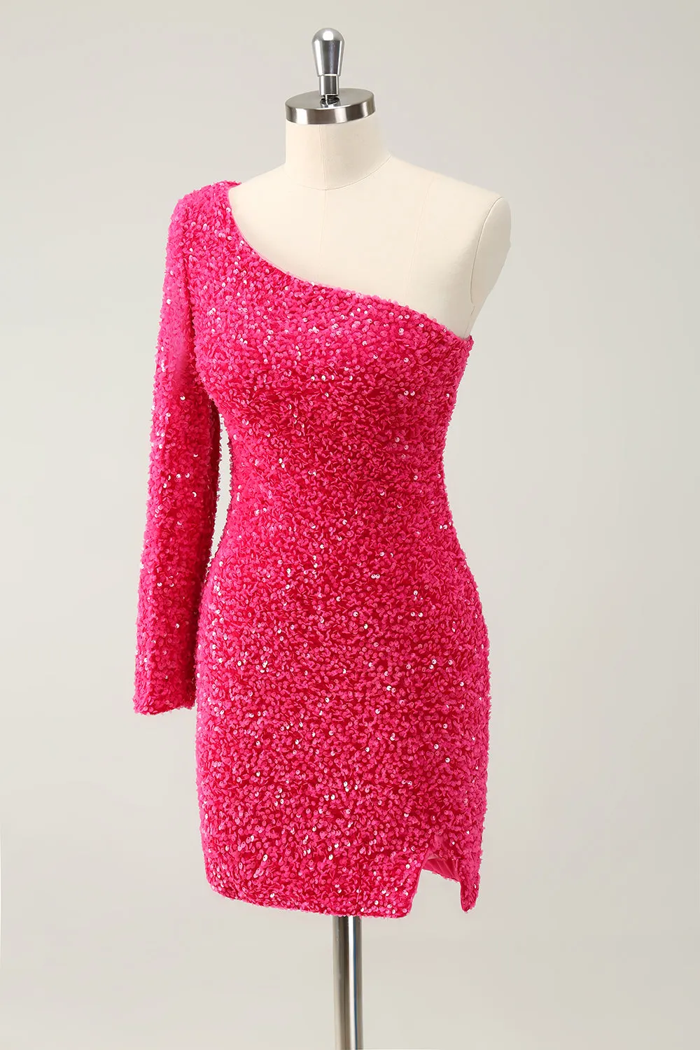 Hot Pink One Shoulder Glitter Sequins Homecoming Dress with Slit sold by Zapaka product image thumbnail 4