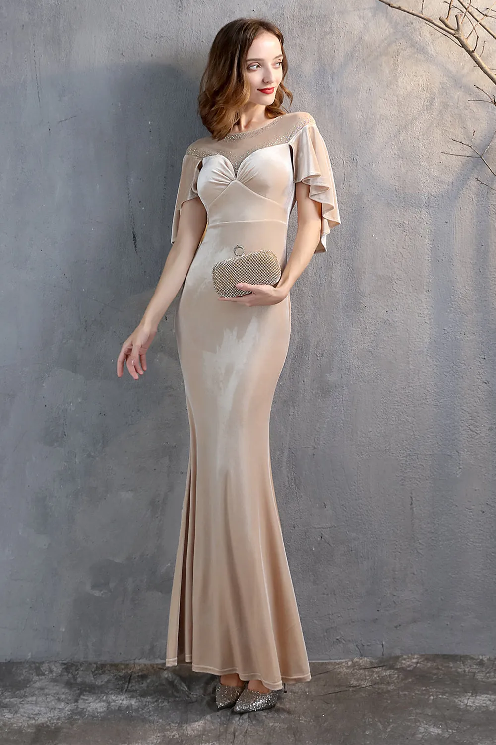 Champagne Velvet Mermaid Long Prom Dress sold by Zapaka