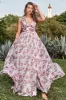 A Line Deep V Neck Grey and Pink Floral Long Prom Dress sold by Zapaka