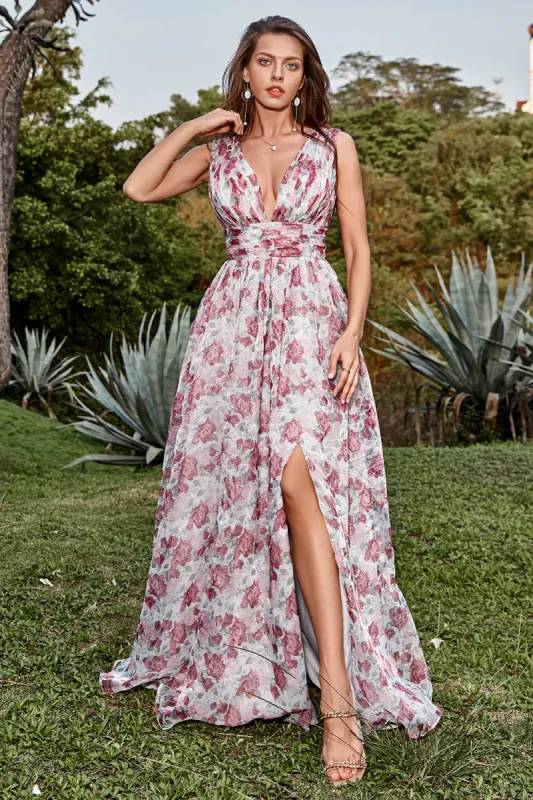 A Line Deep V Neck Grey and Pink Floral Long Prom Dress sold by Zapaka
