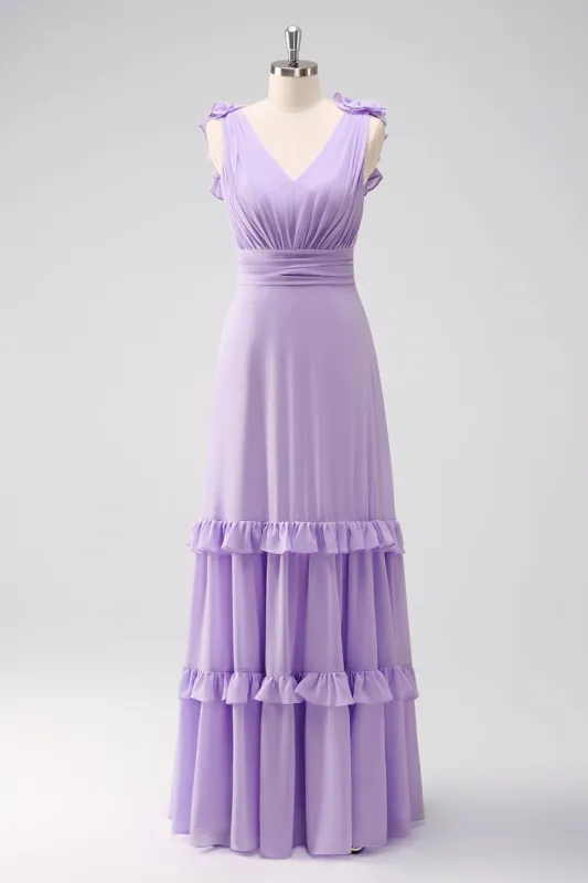 Lilac Chiffon A-Line Ruched Bridesmaid Dress with Ruffles sold by Zapaka