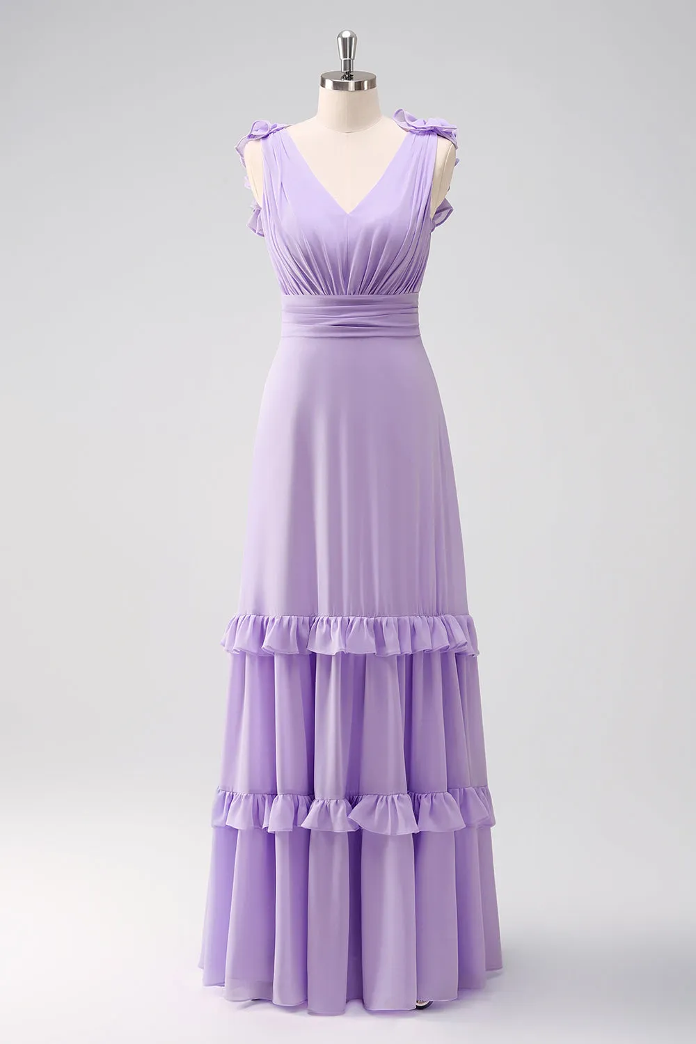 Lilac Chiffon A-Line Ruched Bridesmaid Dress with Ruffles sold by Zapaka