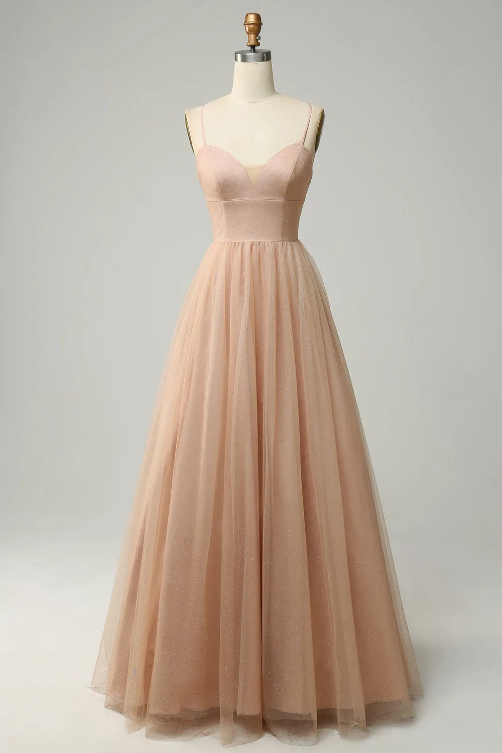 Champagne A Line Spaghetti Straps Bridesmaid Dress sold by Zapaka