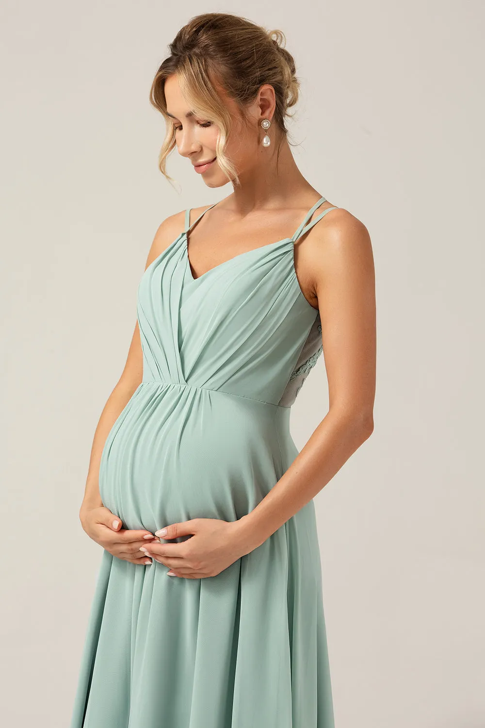 A-Line Spaghetti Straps Backless Maternity Matcha Bridesmaid Dress sold by Zapaka product image thumbnail 5