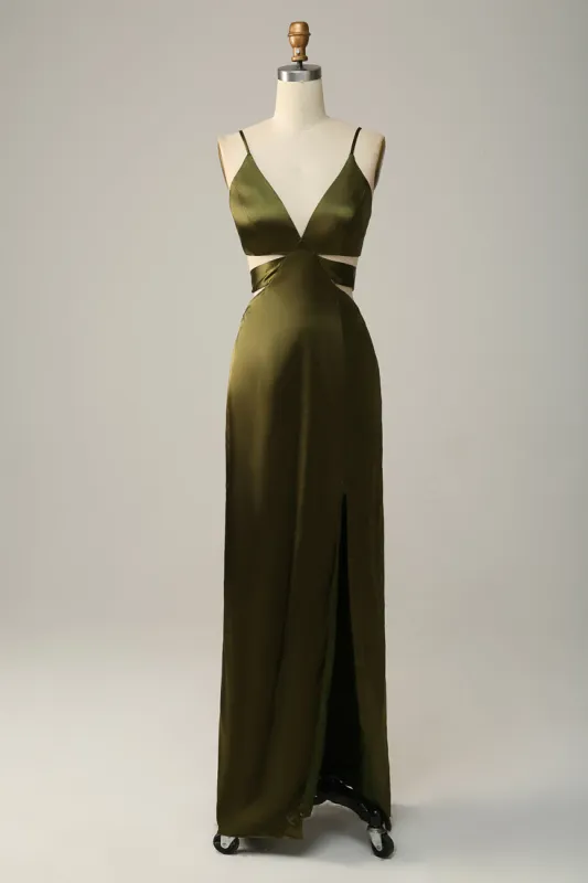 Spaghetti Straps Cut Out Olive Long Bridesmaid Dress with Slit sold by Zapaka