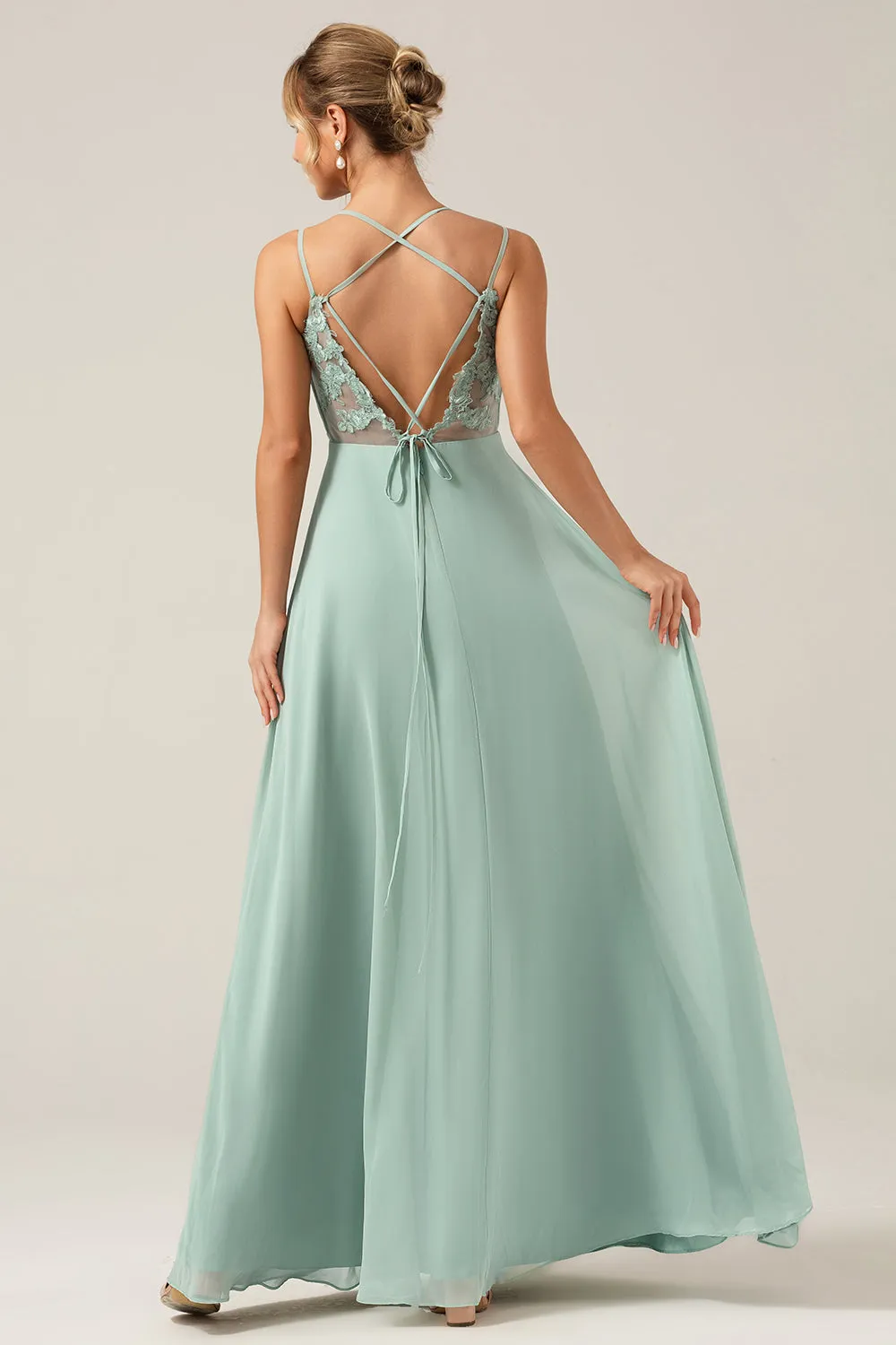 A-Line Spaghetti Straps Backless Maternity Matcha Bridesmaid Dress sold by Zapaka product image thumbnail 2