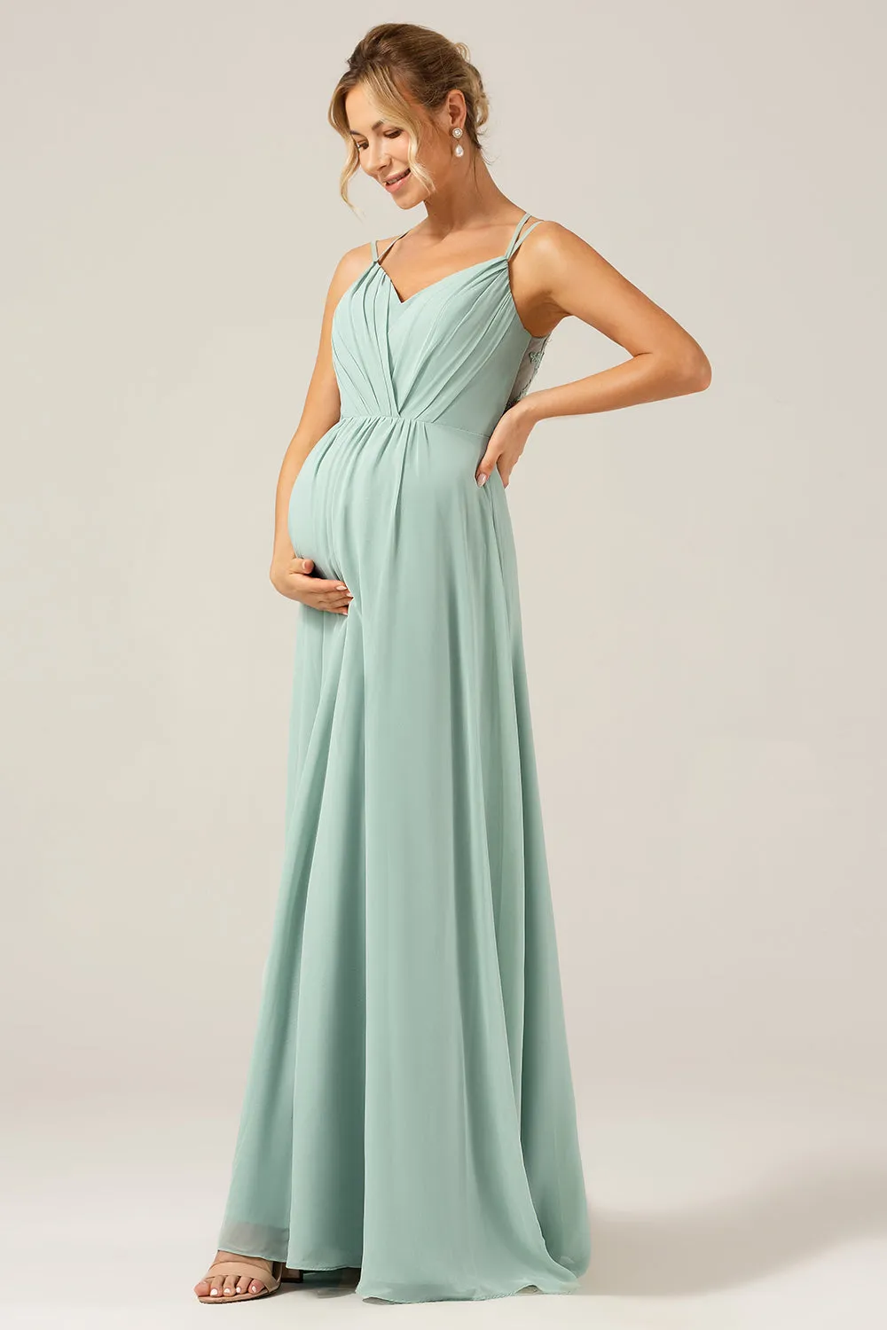A-Line Spaghetti Straps Backless Maternity Matcha Bridesmaid Dress sold by Zapaka product image thumbnail 3