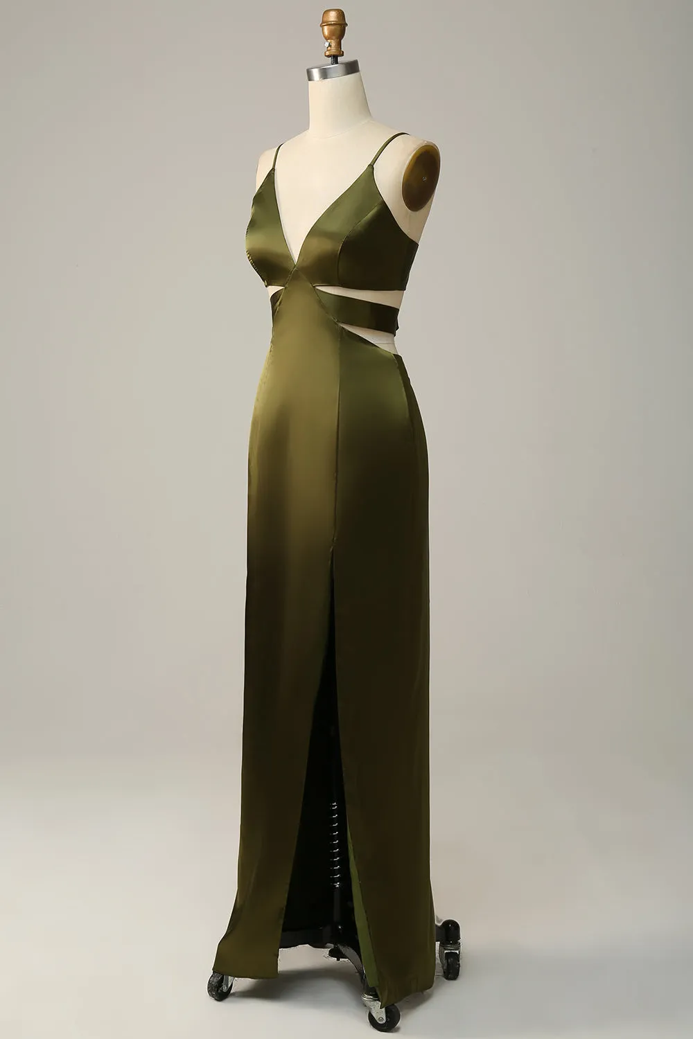 Spaghetti Straps Cut Out Olive Long Bridesmaid Dress with Slit sold by Zapaka product image thumbnail 3