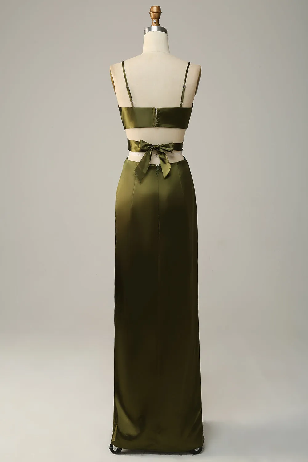 Spaghetti Straps Cut Out Olive Long Bridesmaid Dress with Slit sold by Zapaka product image thumbnail 2