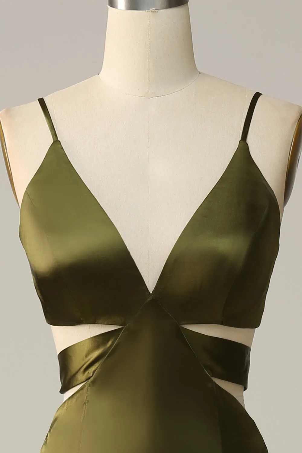 Spaghetti Straps Cut Out Olive Long Bridesmaid Dress with Slit sold by Zapaka product image thumbnail 4