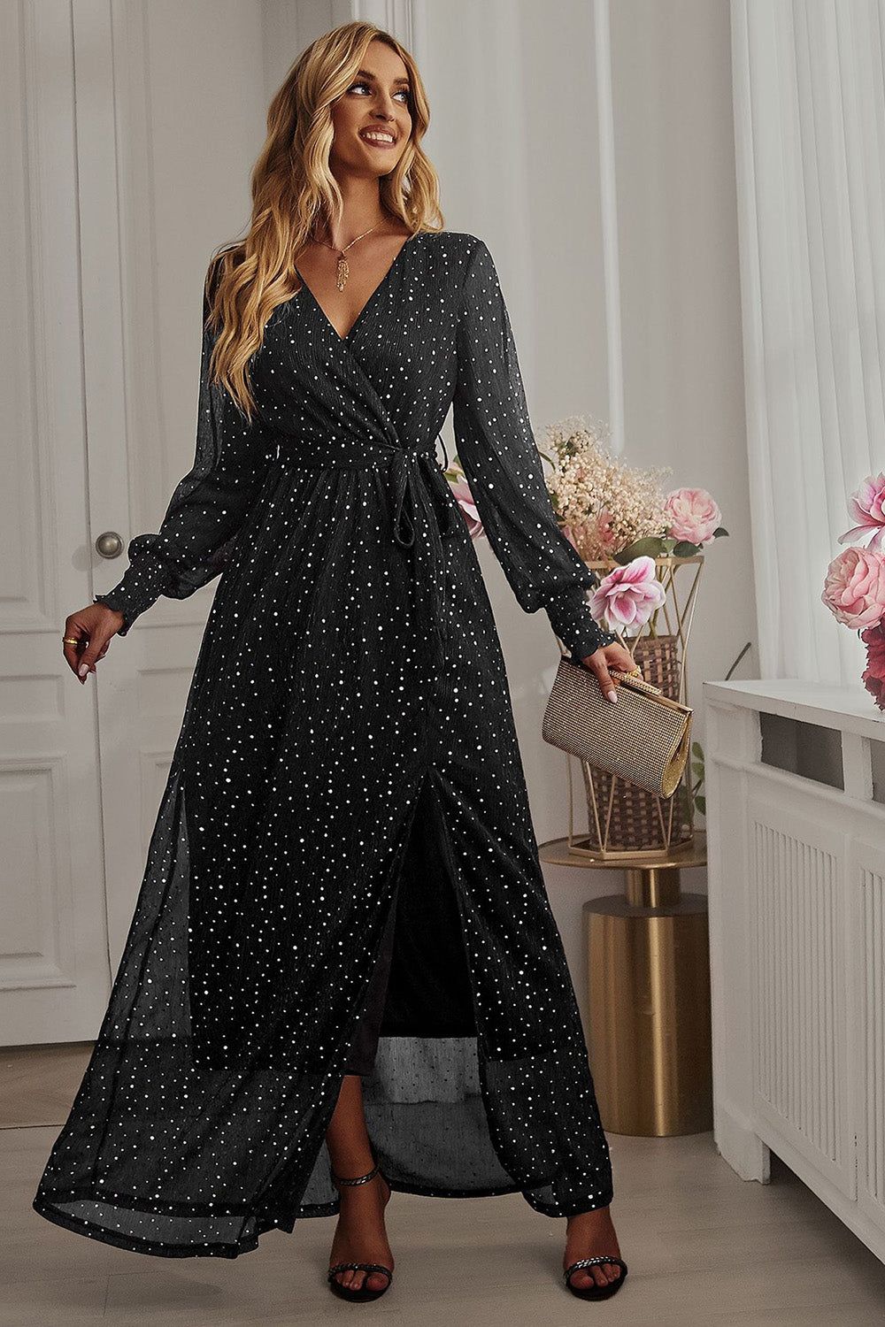 Black Polka Dots Long Sleeves V-Neck Casual Dress With Slit sold by Zapaka product image thumbnail 4