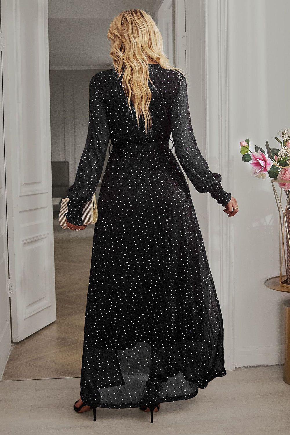 Black Polka Dots Long Sleeves V-Neck Casual Dress With Slit sold by Zapaka product image thumbnail 2