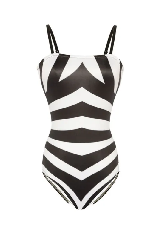 Black Striped One Piece Swimsuit sold by Zapaka