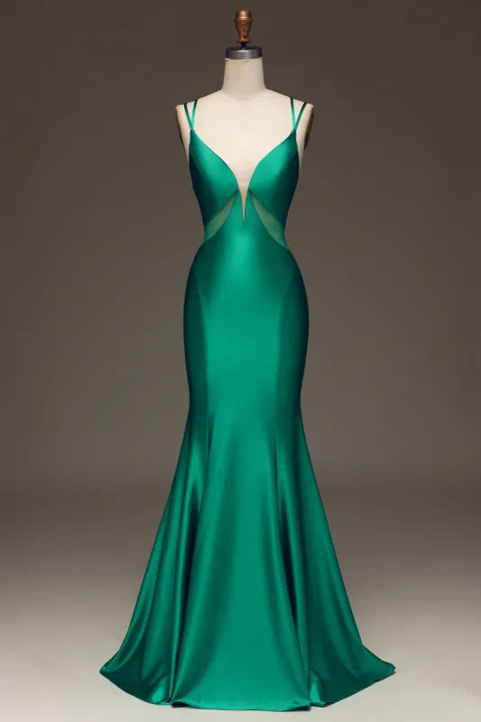 Green Deep V-neck Satin Mermaid Prom Dress with Lace-up Back sold by Zapaka