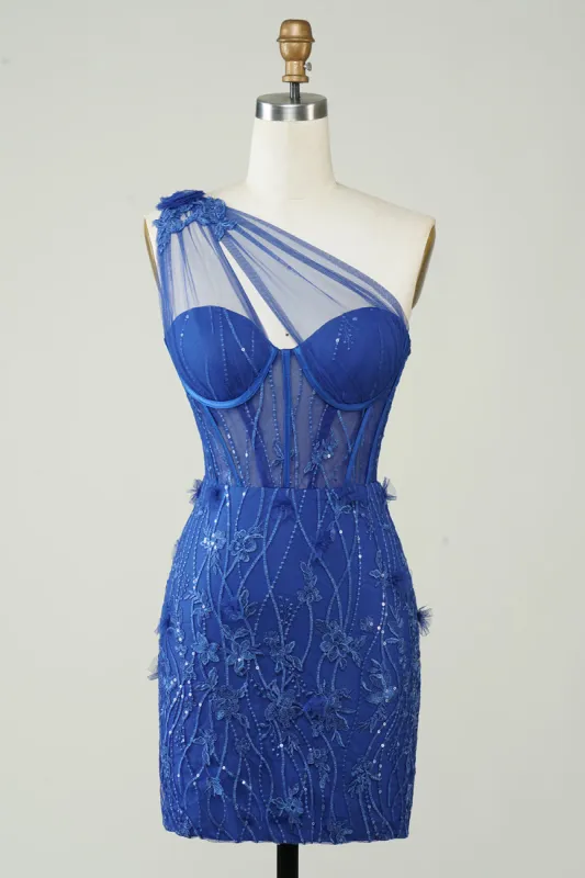 Unique Sheath One Shoulder Royal Blue Short Homecoming Dress with Appliques sold by Zapaka