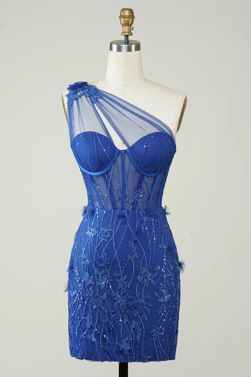 Unique Sheath One Shoulder Royal Blue Short Homecoming Dress with Appliques sold by Zapaka