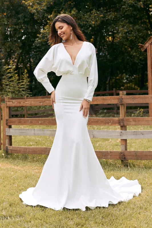 Simple Ivory Long Sleeves Mermaid Wedding Dress sold by Zapaka