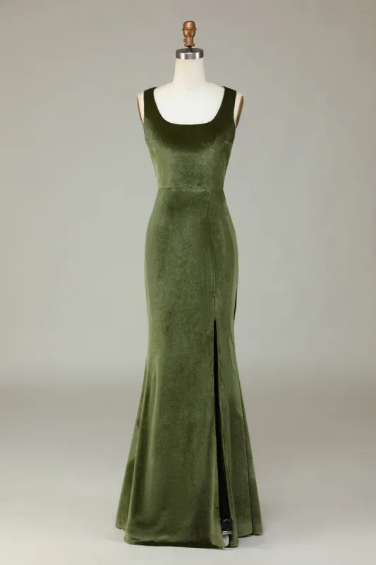 Velvet Mermaid Olive Bridesmaid Dress with Slit sold by Zapaka