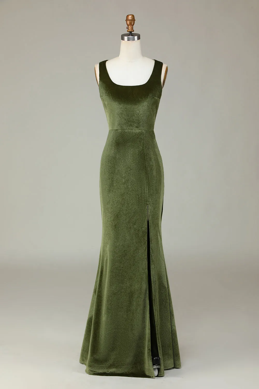 Velvet Mermaid Olive Bridesmaid Dress with Slit sold by Zapaka