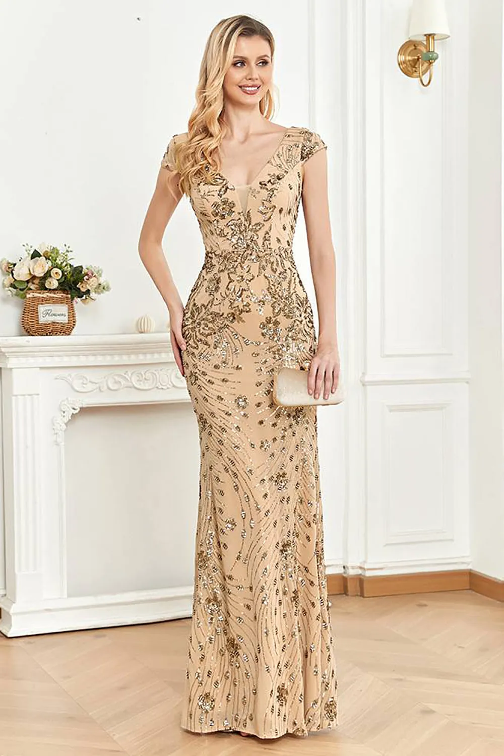 Beading Golden Sheath Formal Dress with V-neck sold by Zapaka