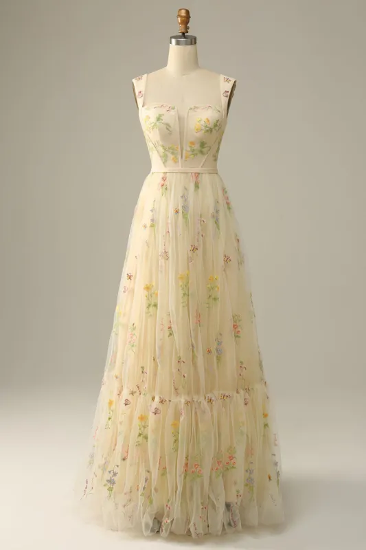 Champagne A-Line Embroidery Prom Dress sold by Zapaka