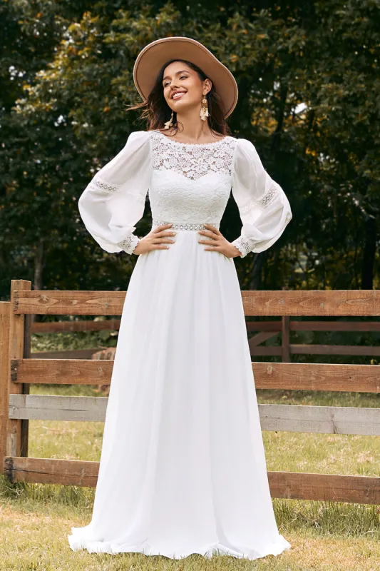 Ivory Bateau Chiffon Long Boho Wedding Dress with Lace sold by Zapaka