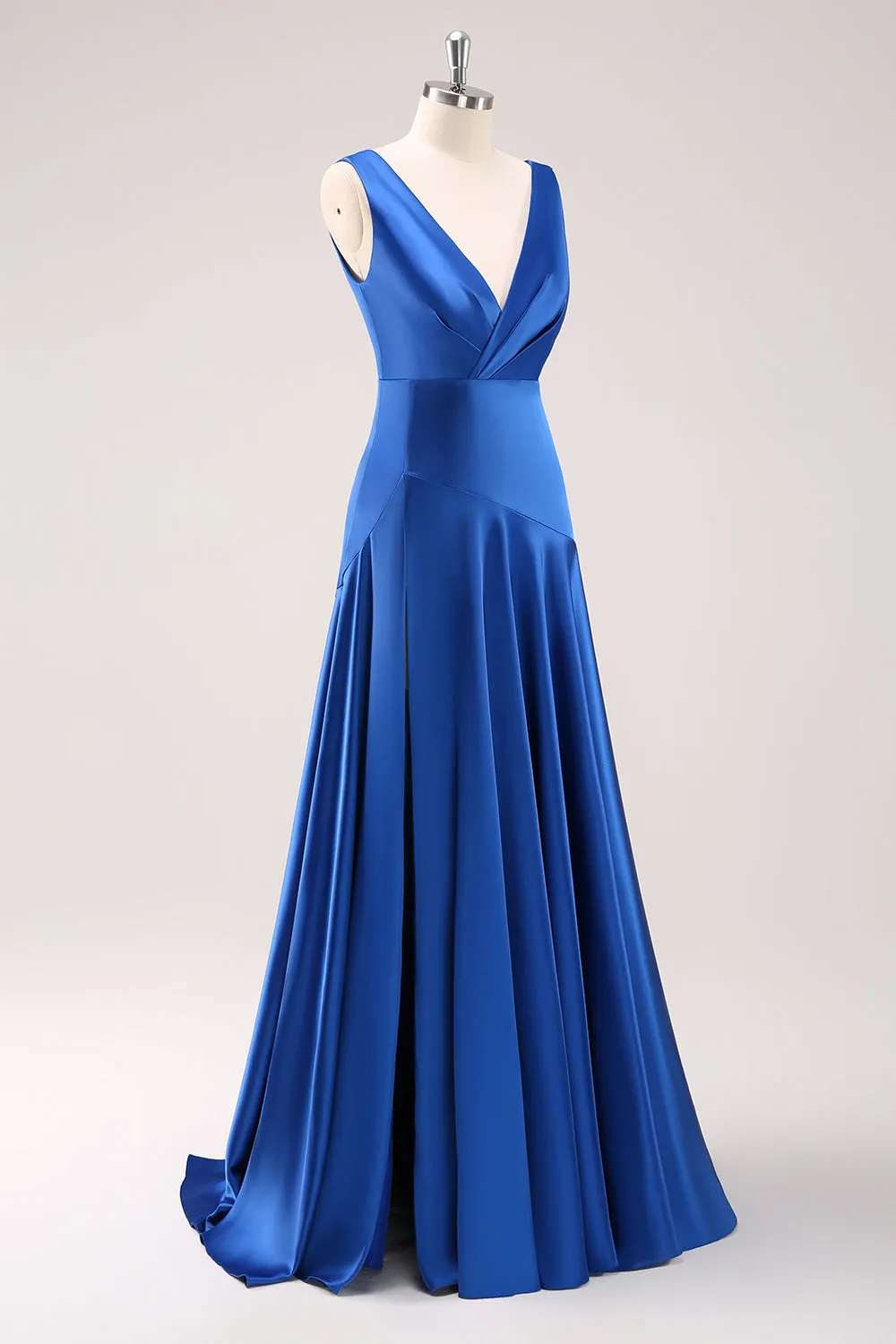 Ink Blue V-Neck Satin Bridesmaid Dress with Slit sold by Zapaka product image thumbnail 3