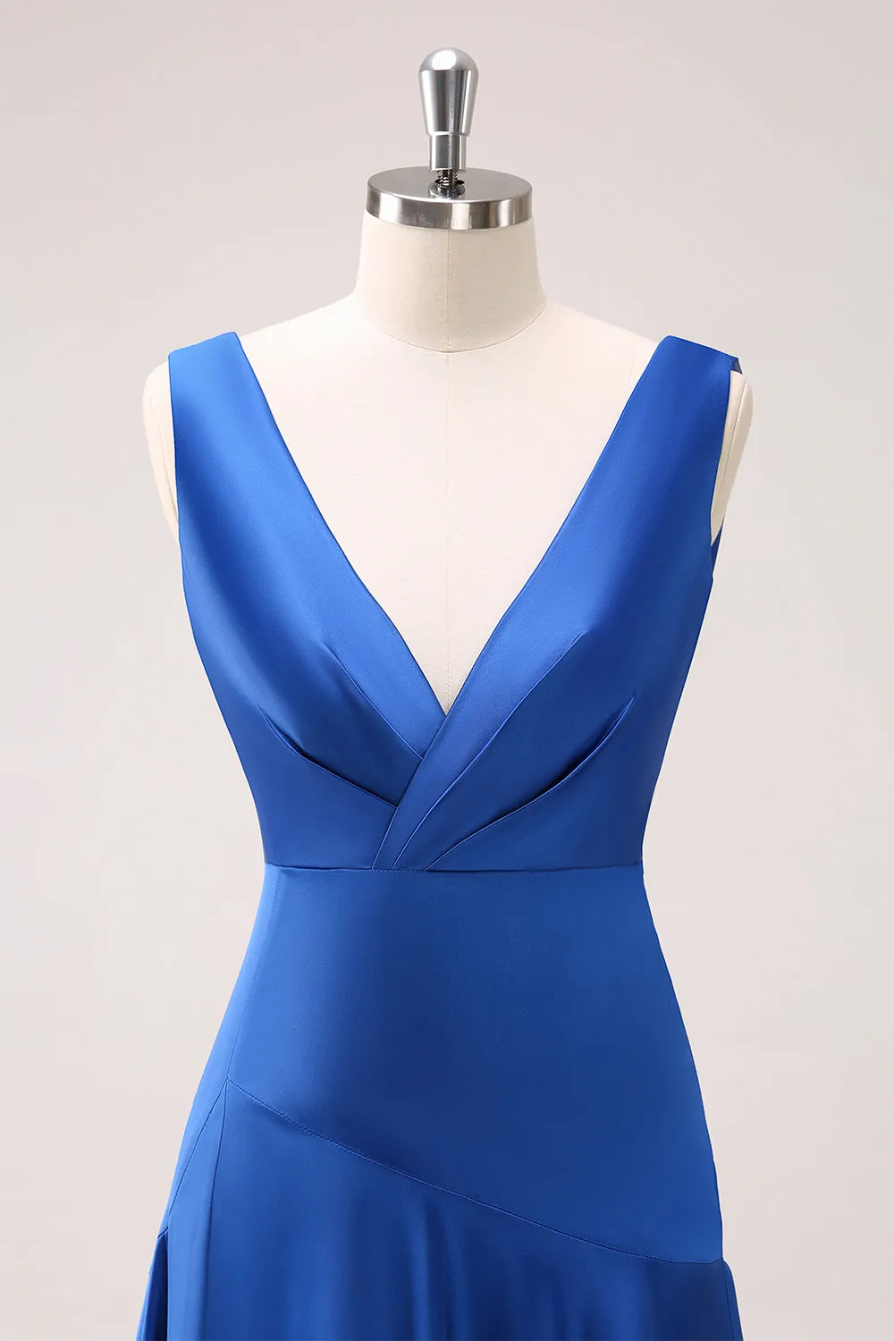 Ink Blue V-Neck Satin Bridesmaid Dress with Slit sold by Zapaka product image thumbnail 4