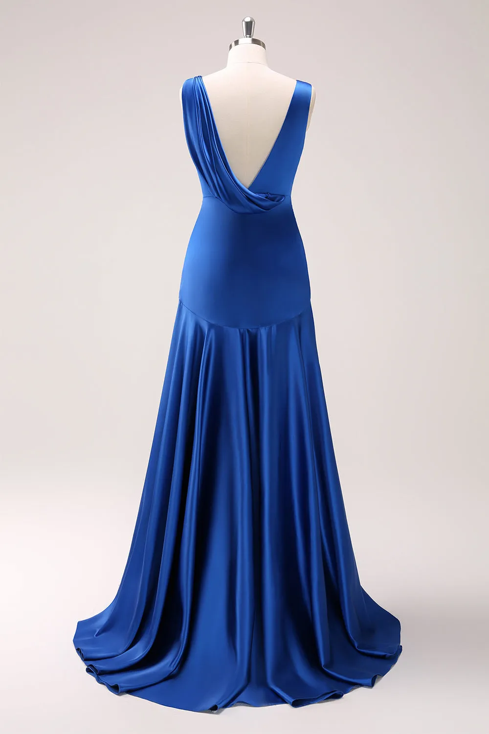 Ink Blue V-Neck Satin Bridesmaid Dress with Slit sold by Zapaka product image thumbnail 2