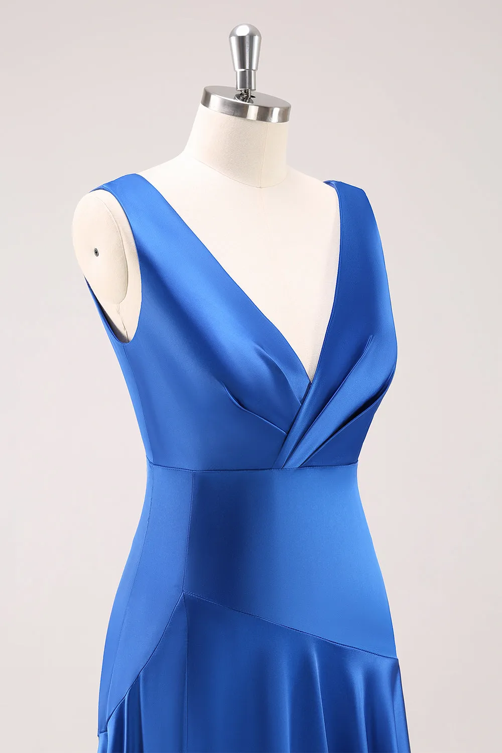 Ink Blue V-Neck Satin Bridesmaid Dress with Slit sold by Zapaka product image thumbnail 5