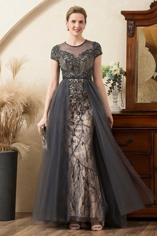 Dark Grey A Line Tulle Beaded Glitter Mother of Bride Dress sold by Zapaka