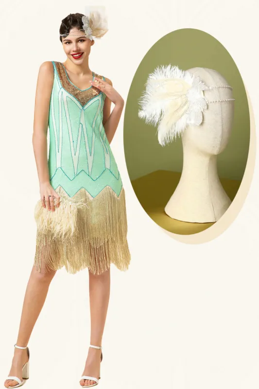 Mint Green Sequined Fringes 1920s Gatsby Flapper Dress with 20s Accessories Set sold by Zapaka