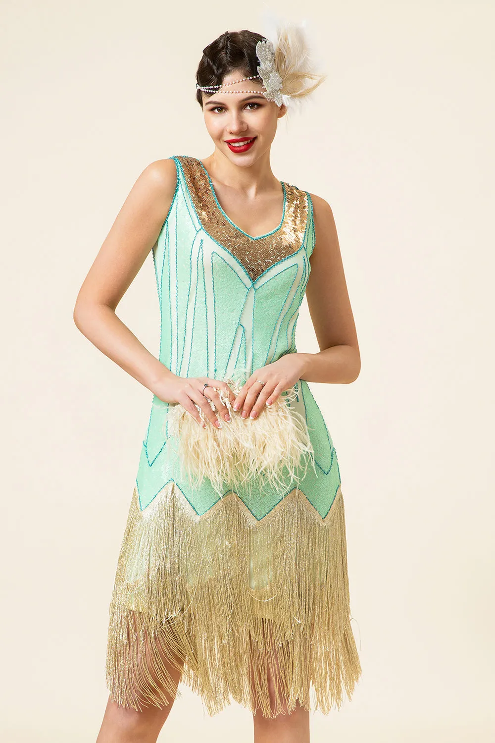 Mint Green Sequined Fringes 1920s Gatsby Flapper Dress with 20s Accessories Set sold by Zapaka product image thumbnail 5