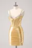 Golden Spaghetti Straps Bodycon Corset Homecoming Dress with Sequins sold by Zapaka