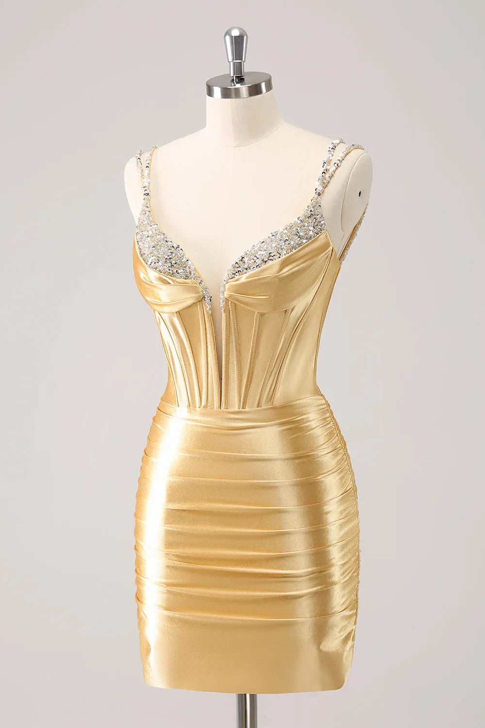 Golden Spaghetti Straps Bodycon Corset Homecoming Dress with Sequins sold by Zapaka product image thumbnail 3