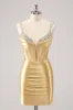 Golden Spaghetti Straps Bodycon Corset Homecoming Dress with Sequins sold by Zapaka