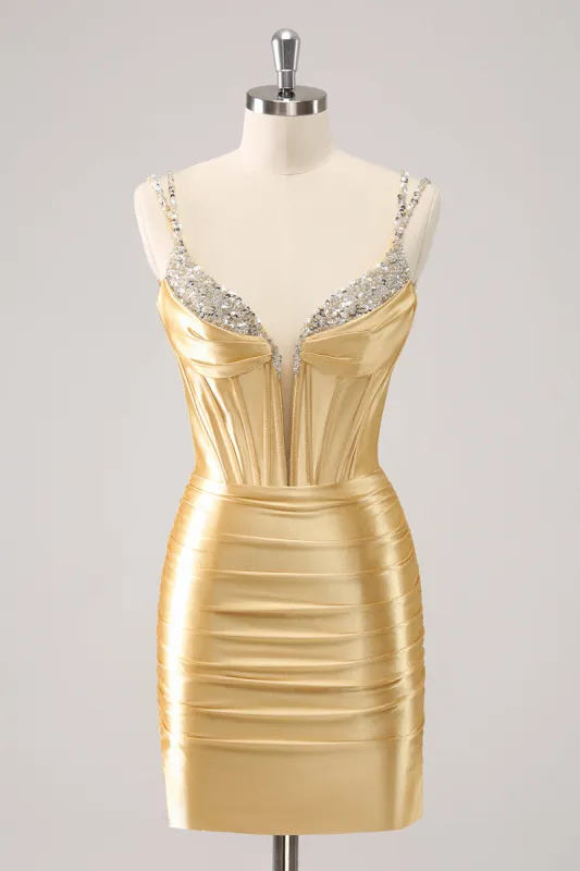 Golden Spaghetti Straps Bodycon Corset Homecoming Dress with Sequins sold by Zapaka