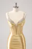 Golden Spaghetti Straps Bodycon Corset Homecoming Dress with Sequins sold by Zapaka