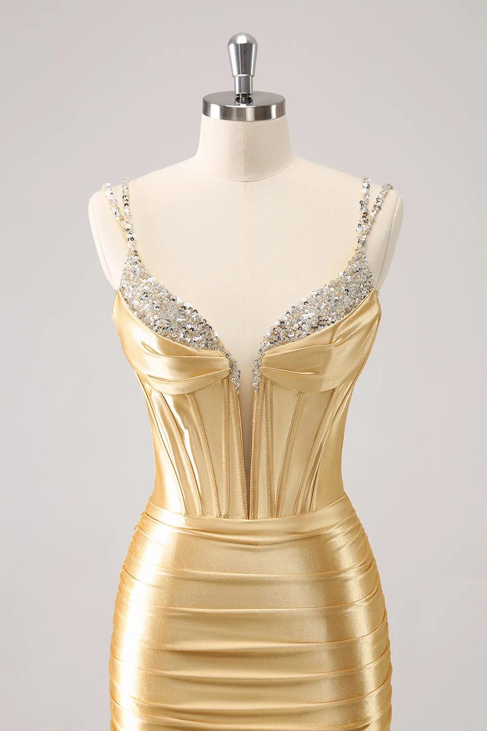 Golden Spaghetti Straps Bodycon Corset Homecoming Dress with Sequins sold by Zapaka product image thumbnail 4