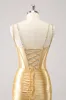 Golden Spaghetti Straps Bodycon Corset Homecoming Dress with Sequins sold by Zapaka