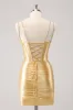 Golden Spaghetti Straps Bodycon Corset Homecoming Dress with Sequins sold by Zapaka