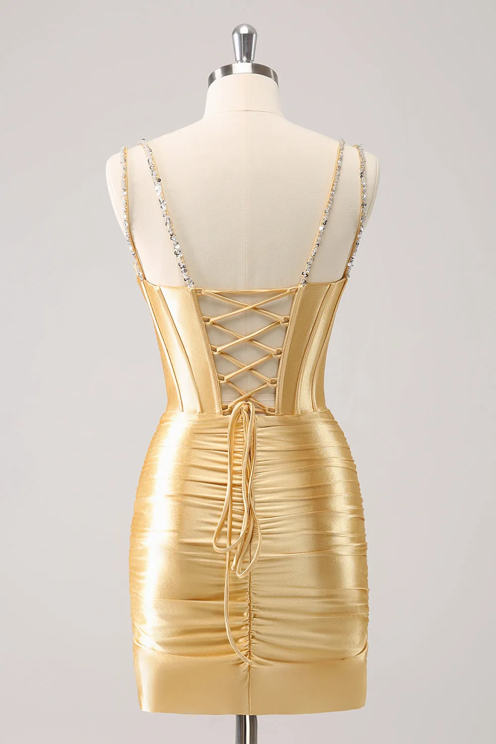 Golden Spaghetti Straps Bodycon Corset Homecoming Dress with Sequins sold by Zapaka product image thumbnail 2