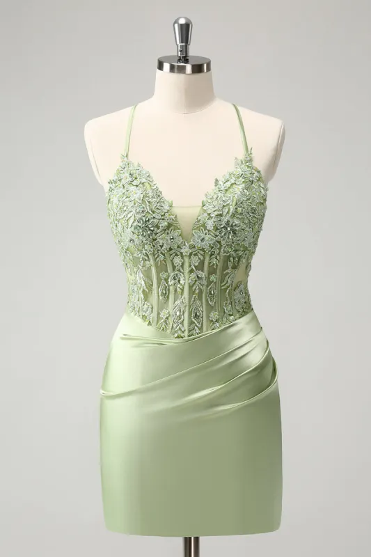 Glitter Green Spaghetti Straps Beaded Appliques Tight Corset Homecoming Dress sold by Zapaka