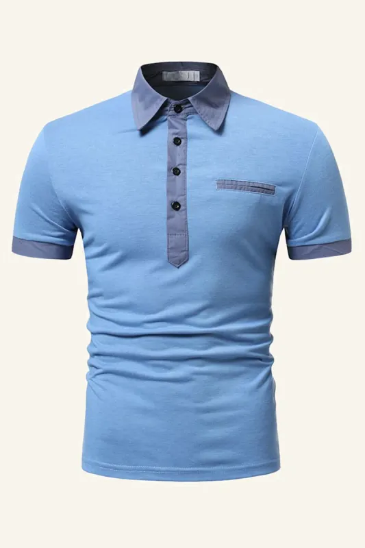 Blue Patchwork Cotton Short-sleeve Casual Polo Shirt sold by Zapaka