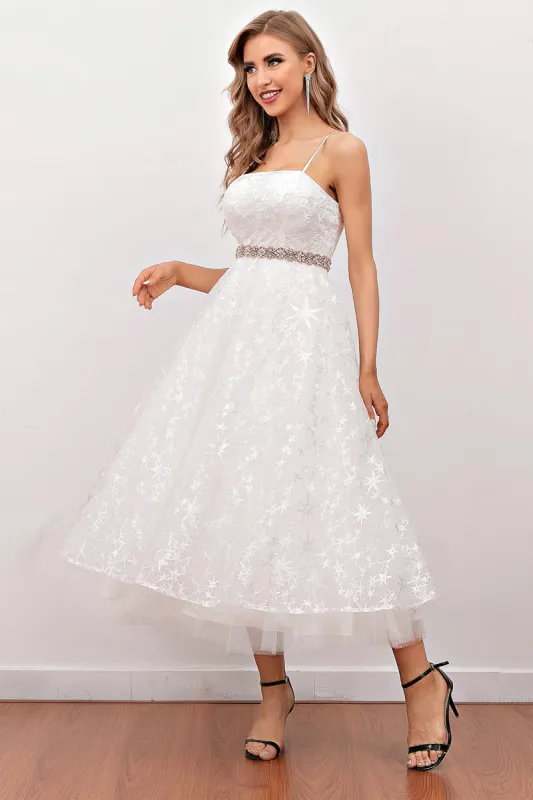 White Lace Midi Prom Dress (Belt Not Included) sold by Zapaka