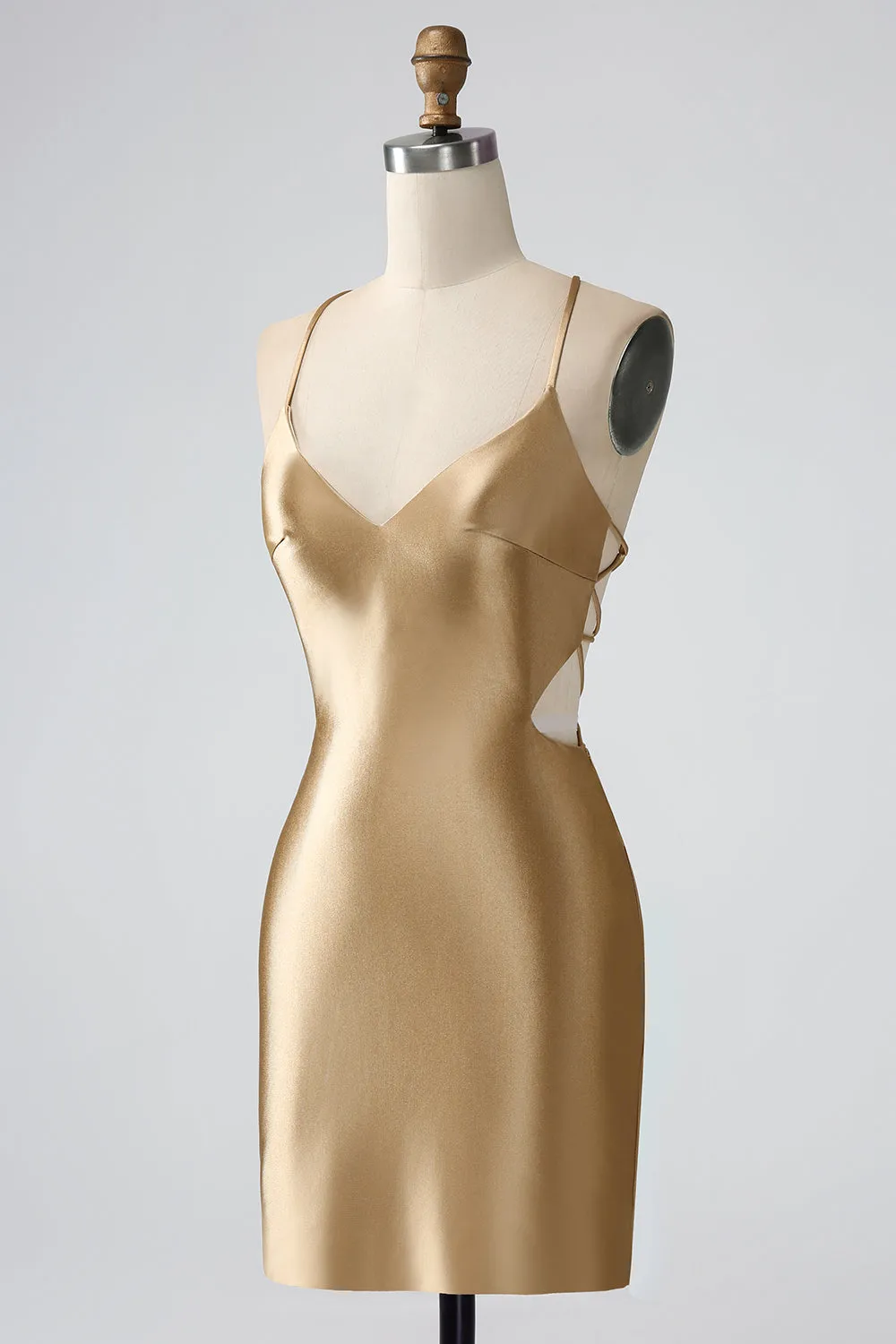 Gold Bodycon Spaghetti Straps Satin Homecoing Dress with Criss Cross Back sold by Zapaka product image thumbnail 3
